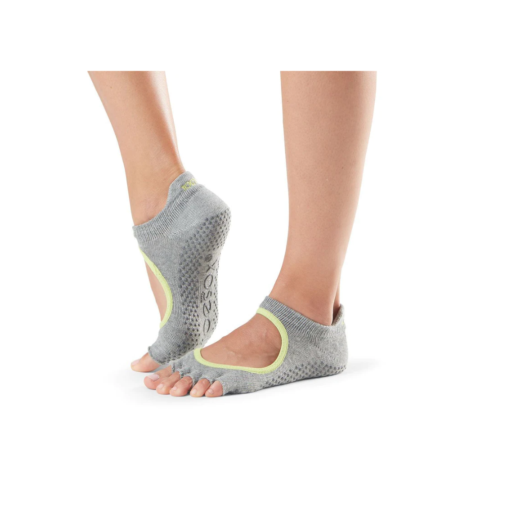 ToeSox Women's Bella Half Toe Grip Socks Heather Grey With Lime Aid Trim M
